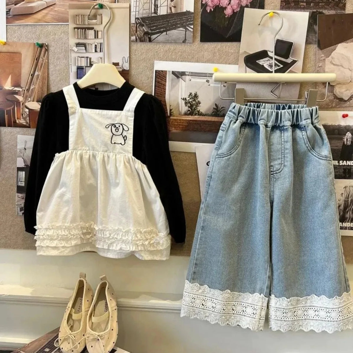 2-7Y Autumn Girls Lace Trimmed Jeans Sweet Elastic Waist Straight Leg Kids Pants for Girls Pants Korean Children Loose Trousers