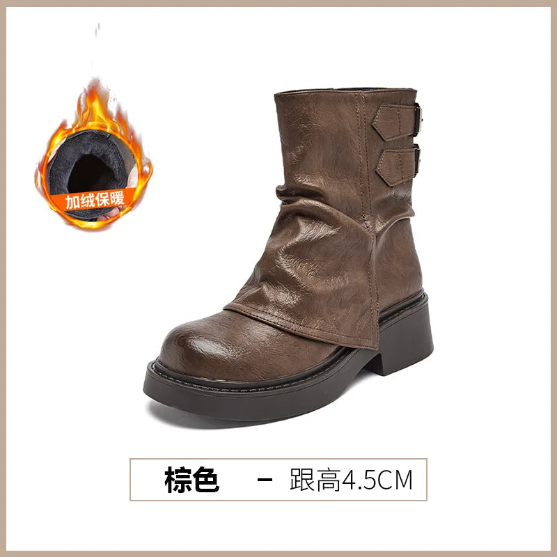 Womens Western Cowgirl Boots Autumn Winter New Waterproof Thick Bottom Casual Shoes Fashion Versatile Women's Short Boots Mujer
