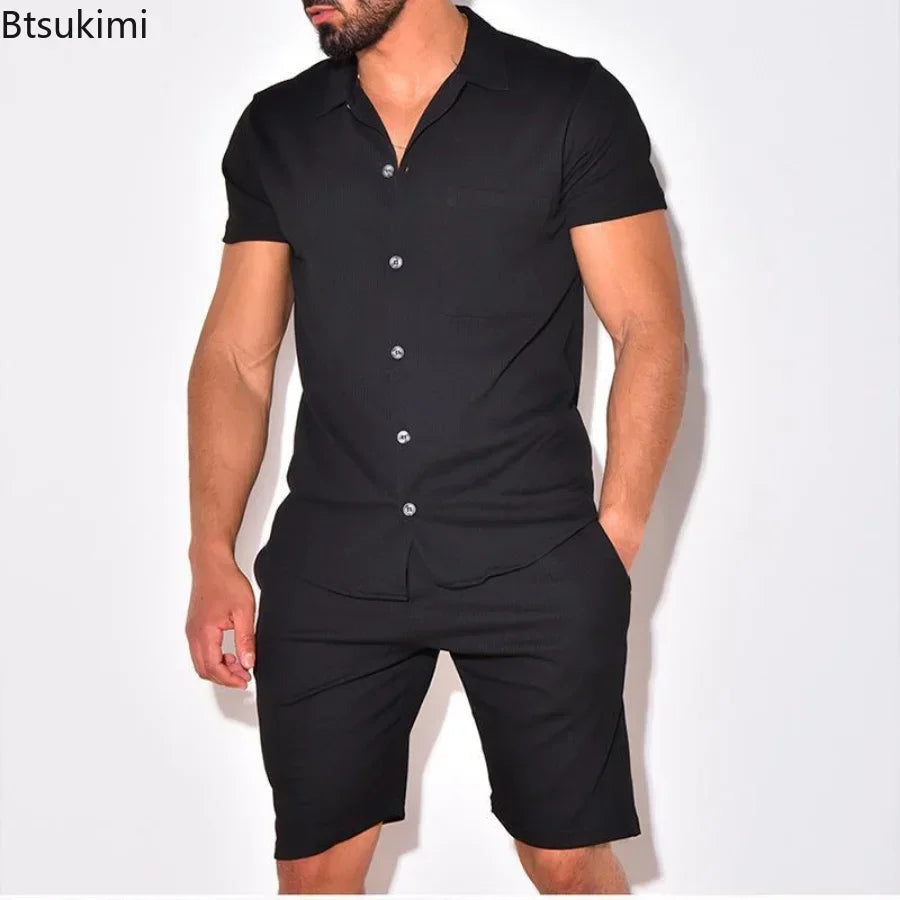 2026 Men's Summer Casual Shorts Sets Solid Mens Short Sleeve Buttoned Lapel Shirts + Shorts Sets Two Piece Streetwear Sets Male