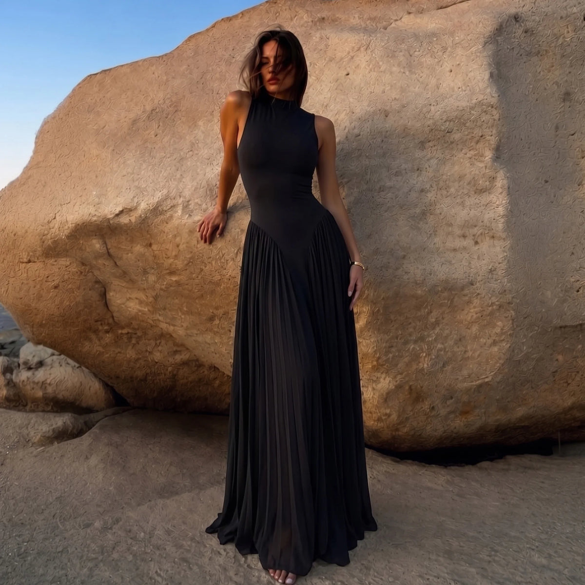 Sharon Said Women' s Elegant Evening Dress with Sleeveless Chiffon Flowing A-Line Wedding Guest Gowns High Neck SF154 Customized