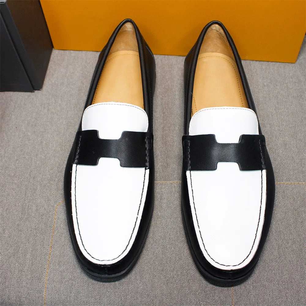 New Style Men's Wedding Shoes Handmade Black and White Loafers Genuine Leather Slip-on Men's Casual Wedding Banquet Shoes
