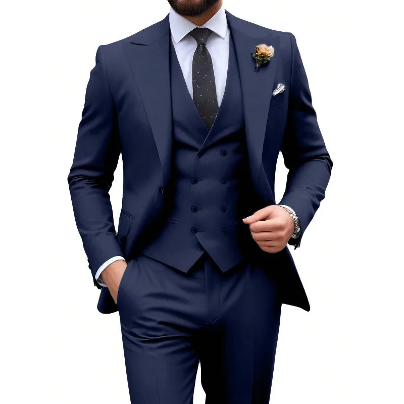 Herrenanzug, 3-teiliges Anzugset für Herren, elegant, unifarben, modisch, Slim Fit, mit zweireihigem Sakko, Weste und Hose, Businesslook