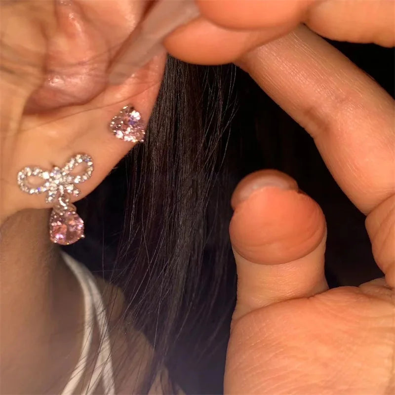 Sweet Style Pink Zircon Bow Knot Heart Stud Earrings For Women Aesthetic Y2K Accessories Jewelry Gifts
