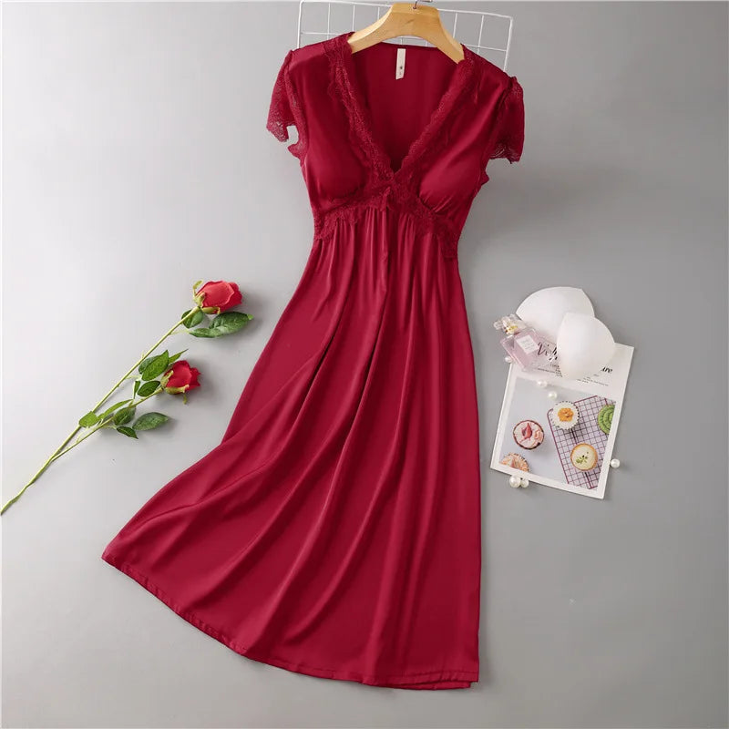 Sexy Nightdress for Women Summer Spring Home Dress V-Neck Nightgown Lace Sleeve Sleepwear Long Intimate Lingerie Nightwear