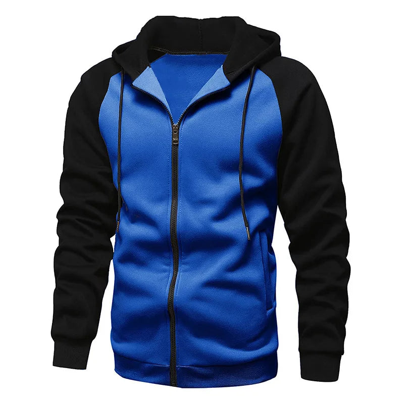 New autumn and winter outerwear color blocked zipper sweater with fleece men's hooded sweatshirt oversized casual hooded