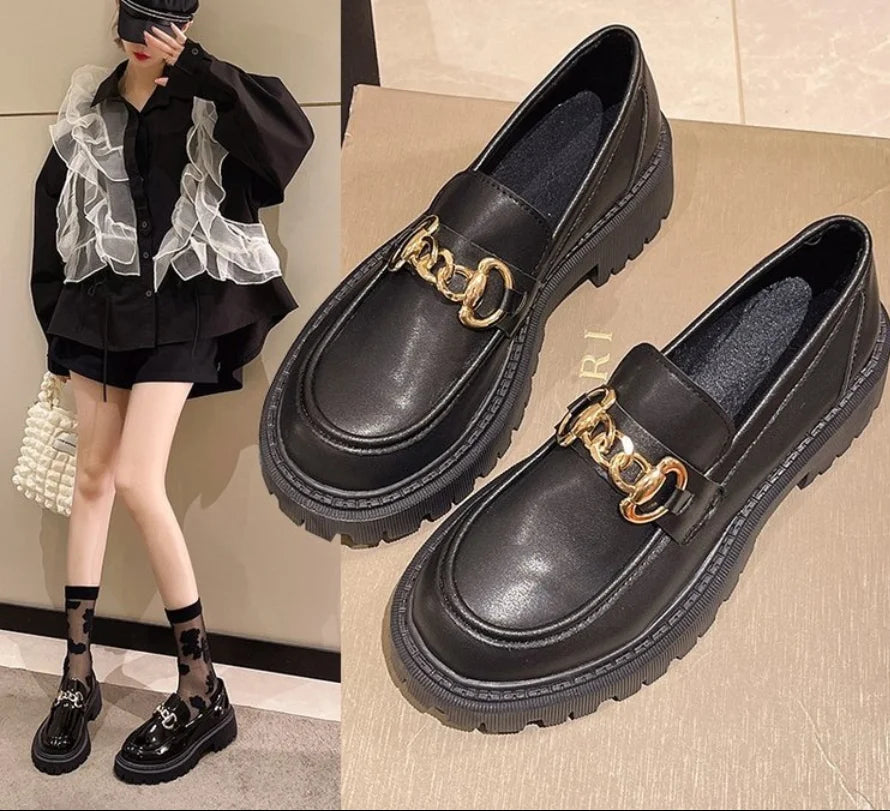 Loafers Female Shoes Women Fashion Mary Janes Round Toe Flats Loafers Oxfords Platform Casual Metal Chain Buckle Ladies Heels