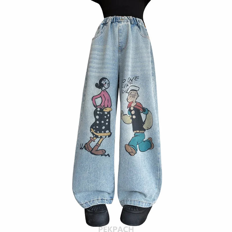 Kids Brand Cartoon Jeans For Girls Wide Leg Loose Denim Pants Children High Quality Jeans Trousers For Teenagers Age 5 To 14 Y