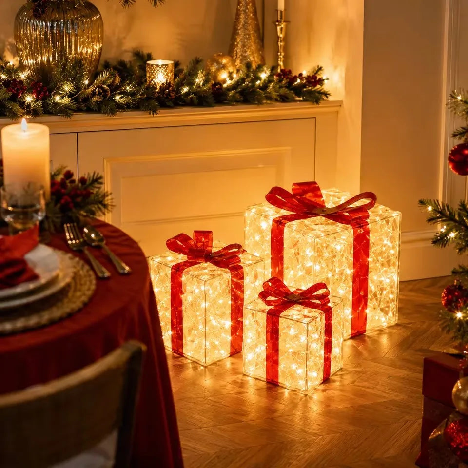 Christmas Lighted Gift Box With Bow Transparent LED Warm White Box Lights for Indoor Holiday Home Decoration Xmas Tree Ornaments