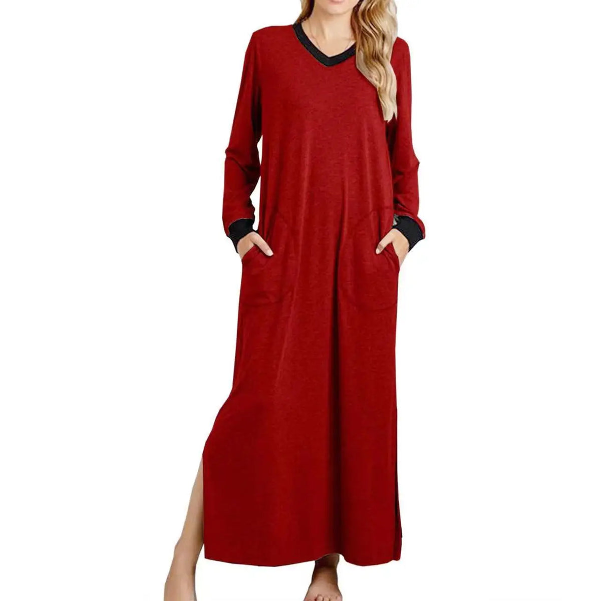 Women's Nightgowns V-Neck Long Sleeve Pajamas with Pocket Solid Color Long Dresses Sleepshirts for Women Soft Nightwear Robes