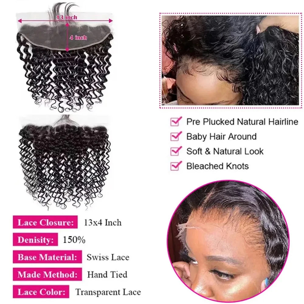 Deep Water Wave Bundles With Closure Frontal Unprocessed Raw 100% Human Hair Full And Thick 3 Bundles With 13x4 Lace Frontal