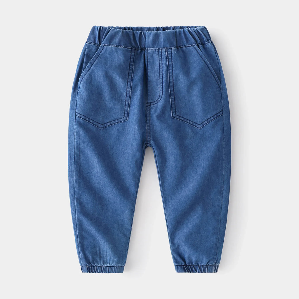 1-6Y Kids Boys Jeans Korean 2026 Spring Elastic Waist Denim Pants with Pockets Stylish Soft Autumn Casual Solid Color Trousers