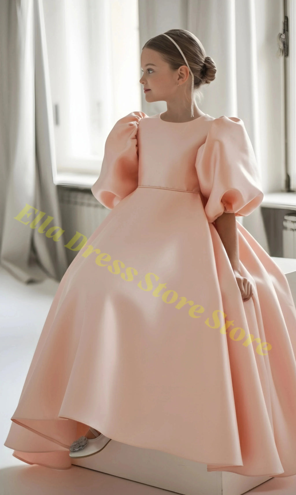 Elegant Girls Wedding Party Dress Satin Flower Girl Dress Bows Half Sleeves Formal Gala Dresses for Bridesmaid Dress Wholesale